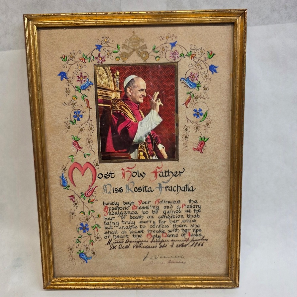 Vatican Pope Paul VI Apostolic Papal Blessing 1966 Framed‎ Document 9x12 Signed